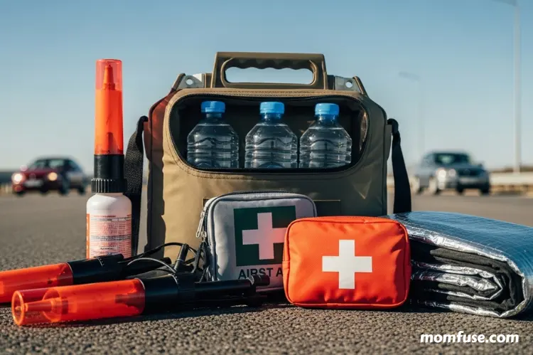 A roadside emergency kit with flares, water, first aid.