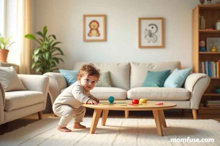 A child-friendly living room with soft-edged furniture a toddler playing safely