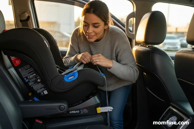 Mother checking car seat safety and airbags inside a preowned SUV.