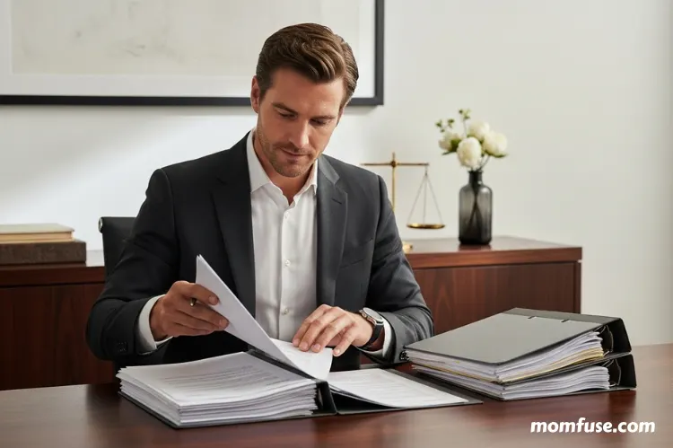 A man organizing paperwork with determination, legal files.