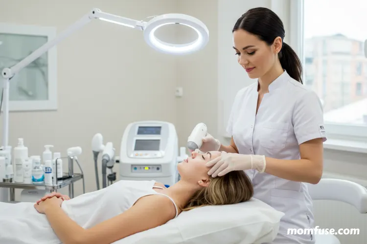 A modern skincare clinic where a dermatologist is performing a facial treatment