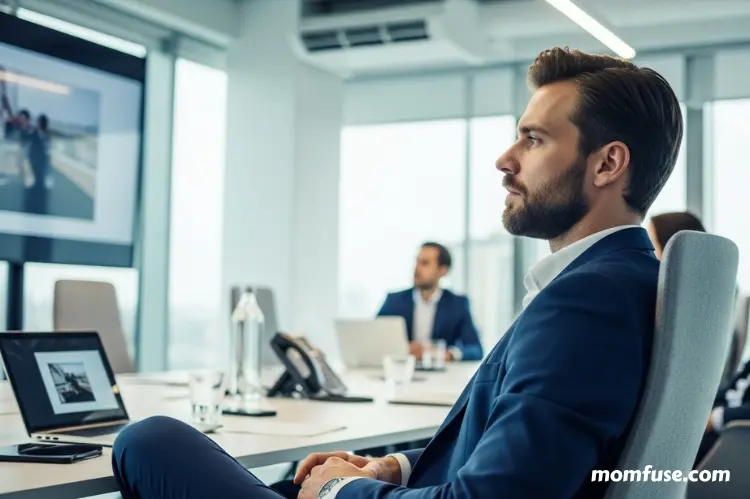 A man sitting in a modern office trying to focus during a meeting with subtle audio.