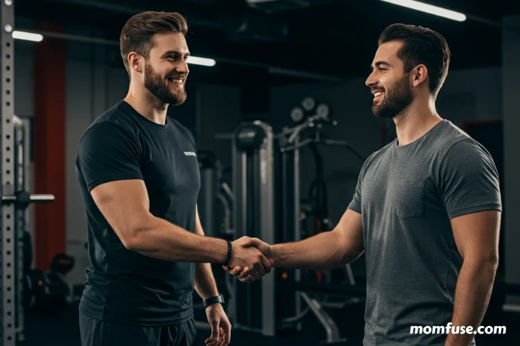 A well-dressed personal trainer greeting a new client man with a handshake.