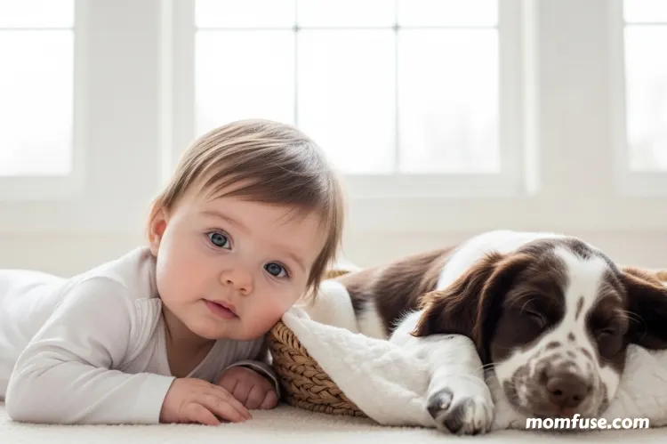 A baby lying quietly beside a napping puppy.
