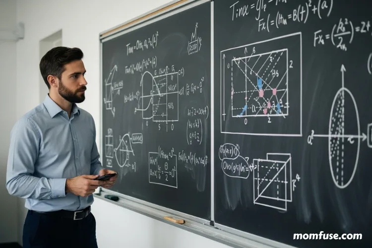 A person looking at a large split-screen chalkboard.