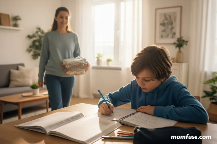 A parent walking while child does homework, natural light, calm home.