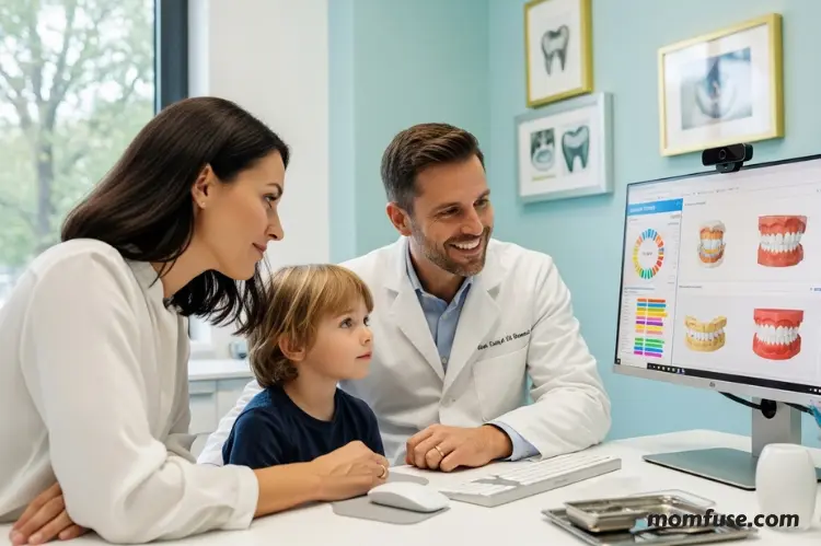 A dentist reviewing a child's overall oral health report with parent.