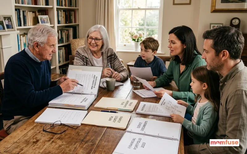 Grandparents with children and grandchildren reviewing family wealth documents.