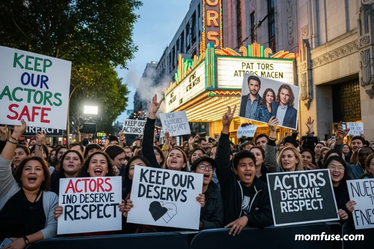 A movie premiere with fans holding signs about actor safety.