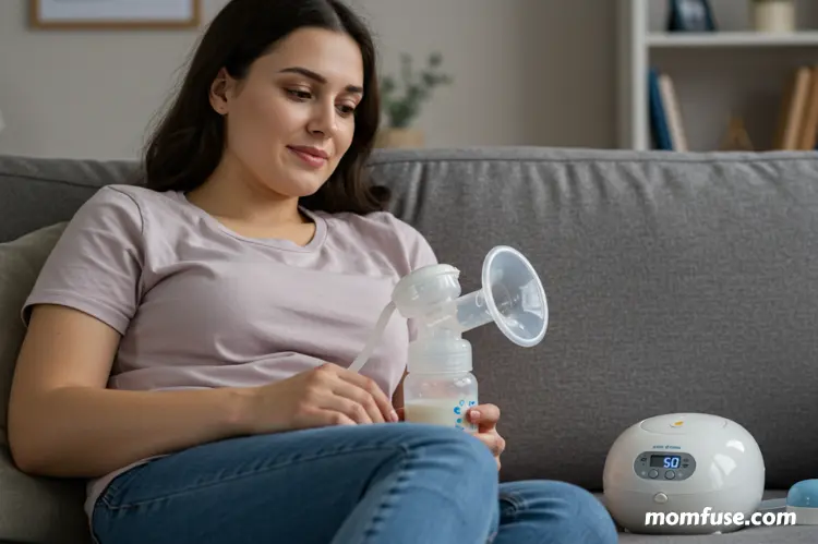 A mother sitting comfortably on a couch with a breast pump looking relaxed a timer and milk bottle.