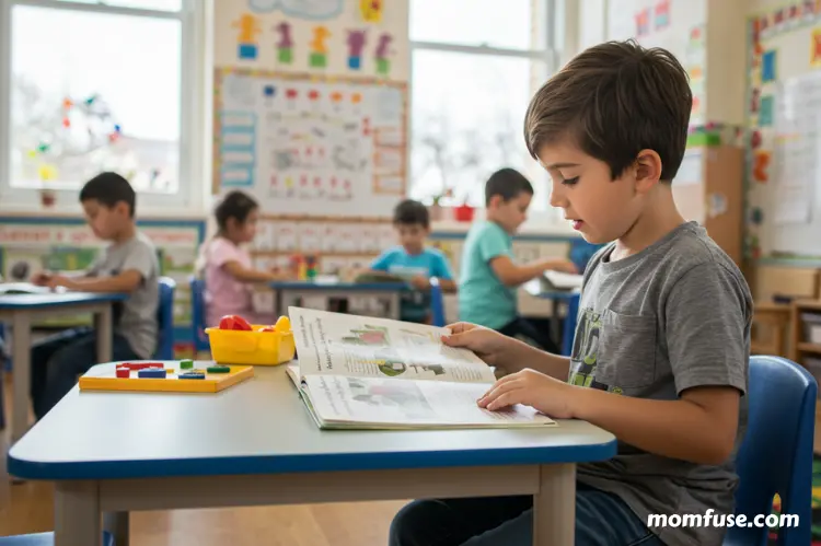 A bright classroom scene with a young child focusing intently on a book.