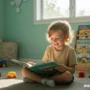 A happy, healthy child reading a book in a bright, airy bedroom with sunlight.