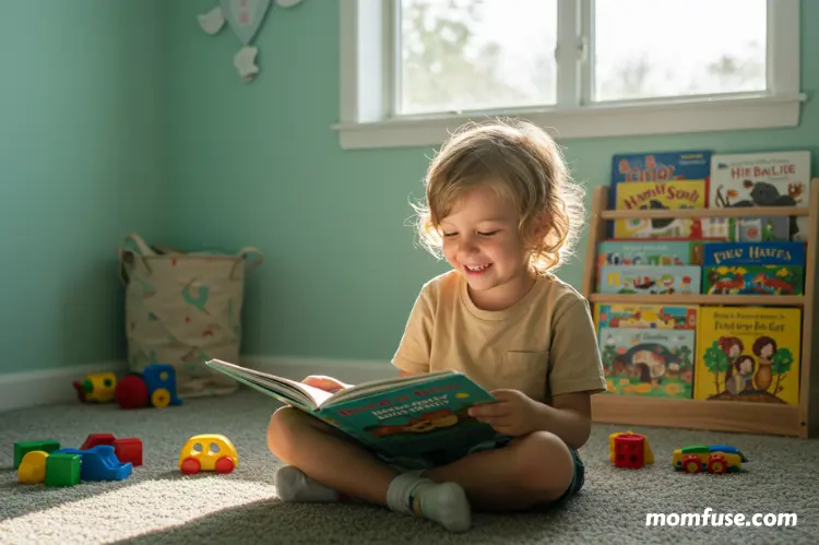 A happy, healthy child reading a book in a bright, airy bedroom with sunlight.