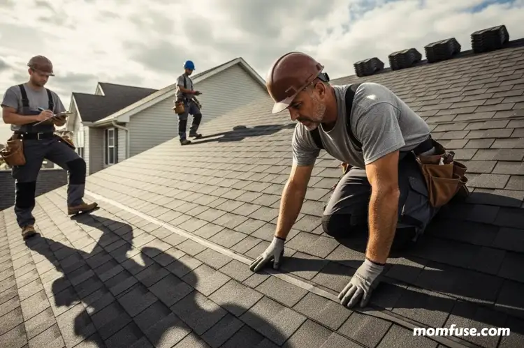 Professional roofing crew performing final quality checks. One worker inspects shingles alignment.