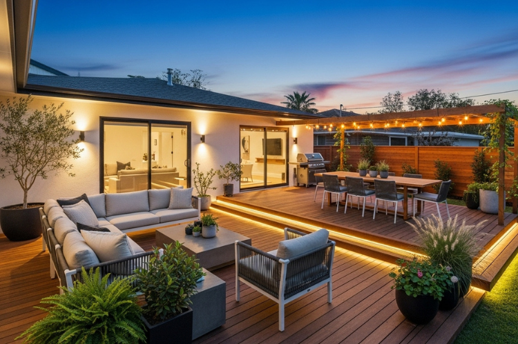 A wide view of a modern backyard showcasing a beautifully crafted wooden deck.
