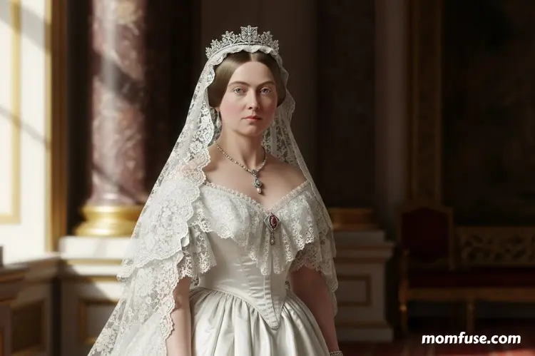 Realistic of Queen Victoria in her 1840 white silk satin wedding dress with Honiton lace Background at royal palace.