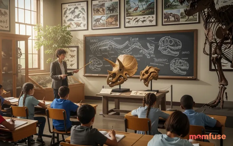 Dinosaur classroom scene with labeled diagrams of skulls and bones, terms like “saurus,” “raptor,” and “triceratops,” realistic museum style display