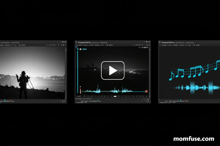Collage of video editing improvements: brighten dim footage, stabilize shaky video, add music notes.