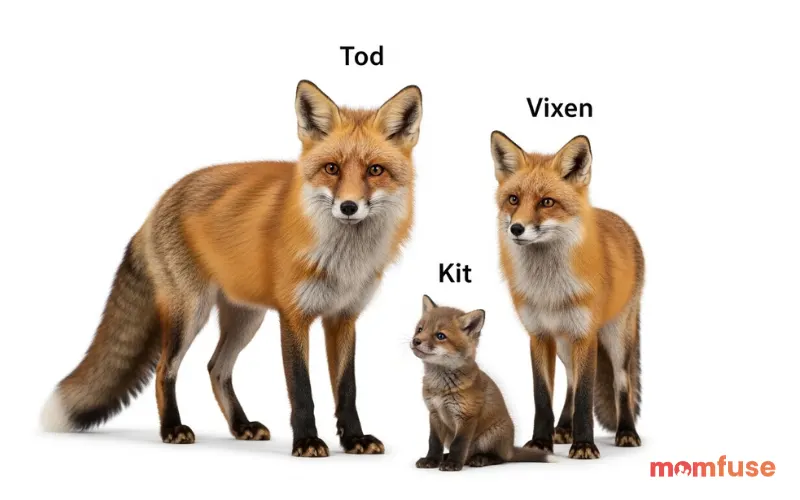 A clean, educational infographic style image showing a male "Tod," a female "Vixen," and a small "Kit" standing together. Real images