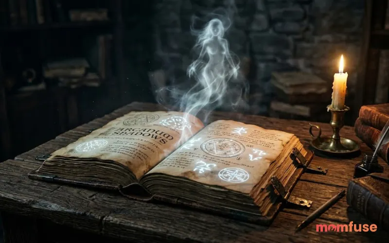 Ancient book open on wooden table with ghostly symbols glowing, faint spirit figure rising from pages, candlelight, dark moody environment, realistic texture