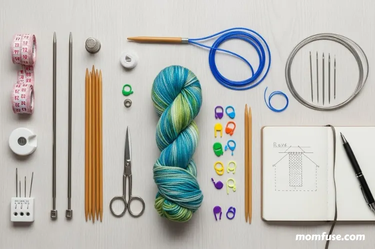 Top-down shot of knitting essentials laid out neatly.