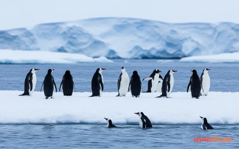 Group of penguins on snowy Antarctic shore, some standing, some swimming, natural wildlife scene, cold blue tones, realistic photography