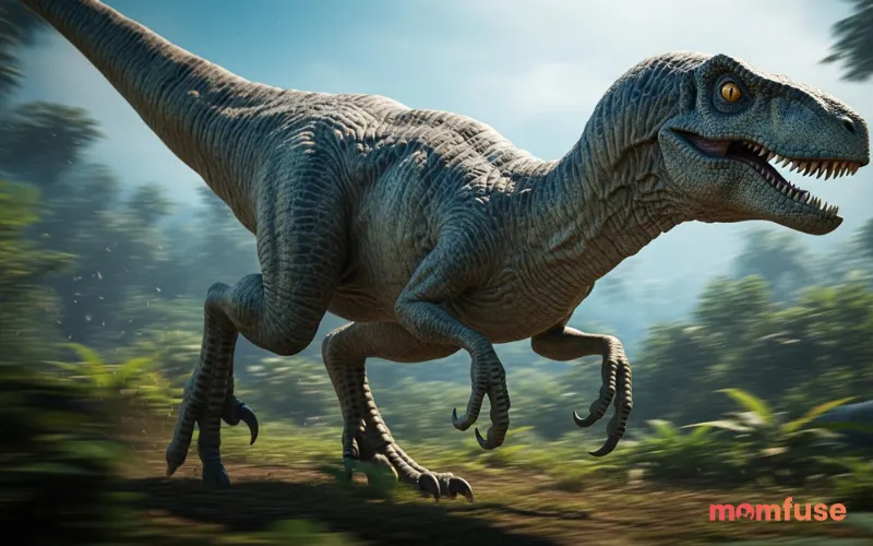 Velociraptor running fast through jungle, motion blur, sharp claws visible, intense cinematic lighting