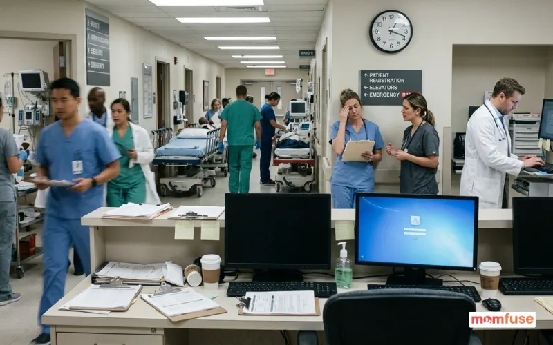 Busy hospital with understaffed medical team, stressed healthcare workers.
