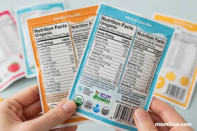 Close-up of baby food packaging labels being gently examined.