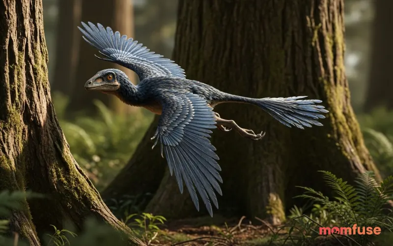 Feathered Microraptor gliding between trees, small size, detailed feathers, natural forest lighting, highly realistic wildlife photography style