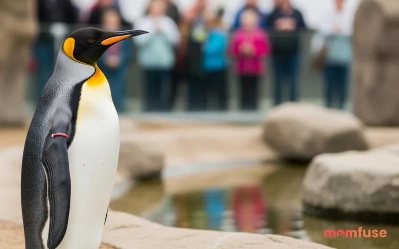 King penguin standing upright like a guard, formal posture, zoo environment, people blurred behind, documentary realism