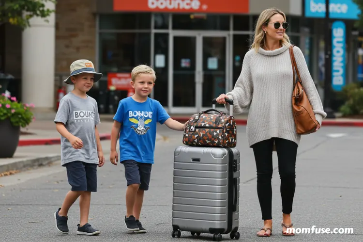 a mom and two kids luggage at a Bounce location.
