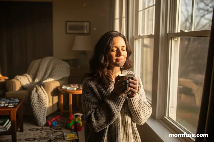 A mother standing near a window in soft morning light, holding a cup of tea, eyes closed.