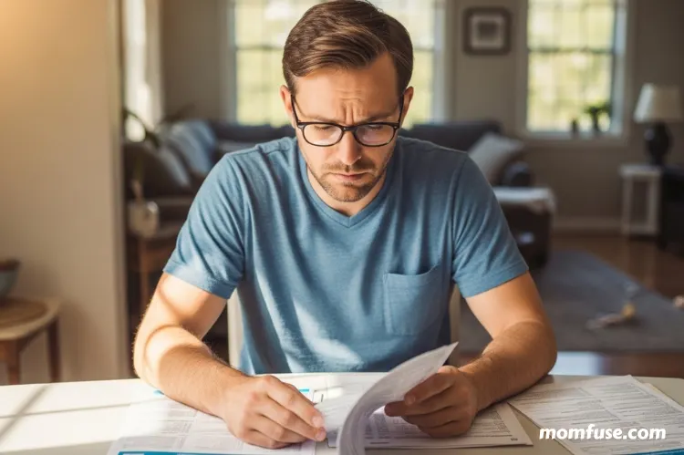 A worried patient reviewing medical charts at home.