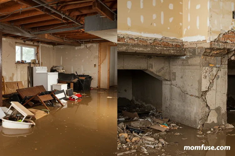 A split-screen image showing a flooded basement on one side and the structural damage.