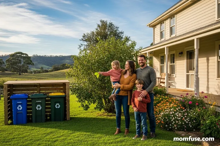 Heartwarming rural family portrait in front of a clean, clutter-free farmhouse with neat recycling setup.