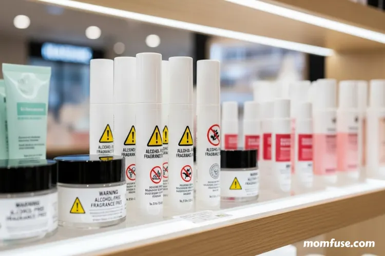 Lip product labels with warning symbols, alcohol and fragrance skincare awareness concept.