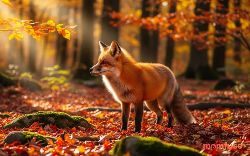 “bright red fox in autumn forest, orange leaves, warm sunlight, ultra realistic wildlife photography, high detail”