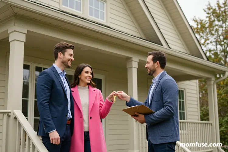 A smiling couple receiving house keys from a seller.