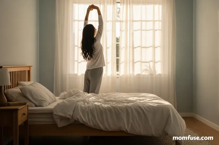 A calm morning scene with sunlight pouring through curtains, a woman stretching beside the bed.