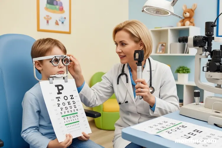 A child getting an eye exam from an optometrist. -eye health tips for kids