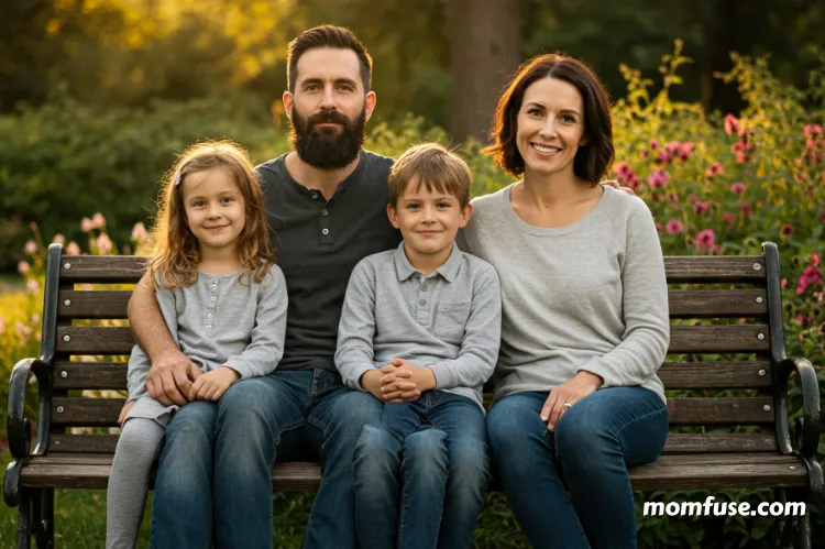 A hopeful family sitting together on a park bench.