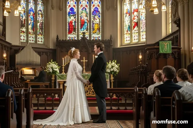A Victorian-era church wedding with a bride in a white gown.