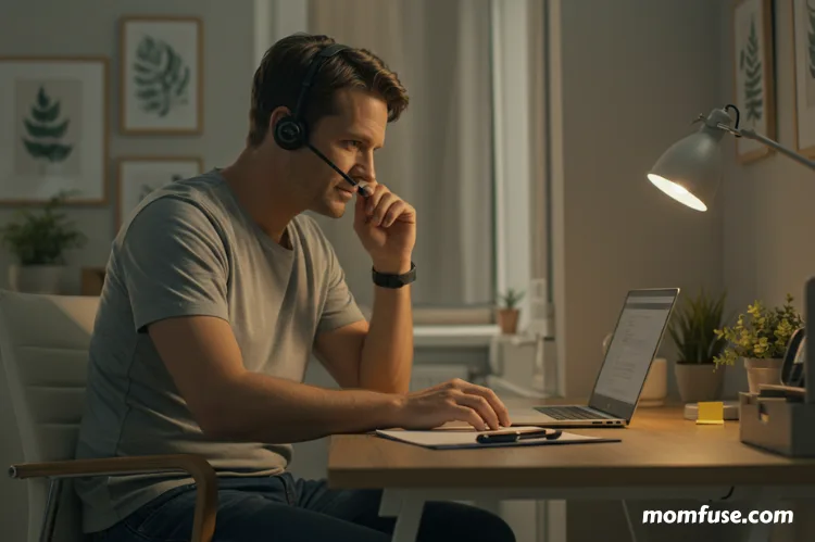 A father wear a headset work in a calm home office space.-fexible career paths