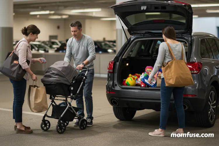 Parents loading strollers, bags, and toys into the trunk of a rental car at Orlando airport.