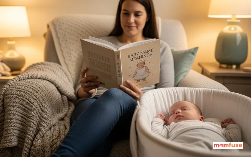 Parent reading a baby name meaning book while baby rests beside them, cozy setting.