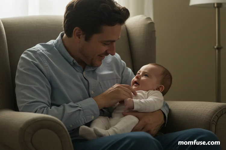 Father sitting with baby on lap, making eye contact and mimicking baby’s cooing.