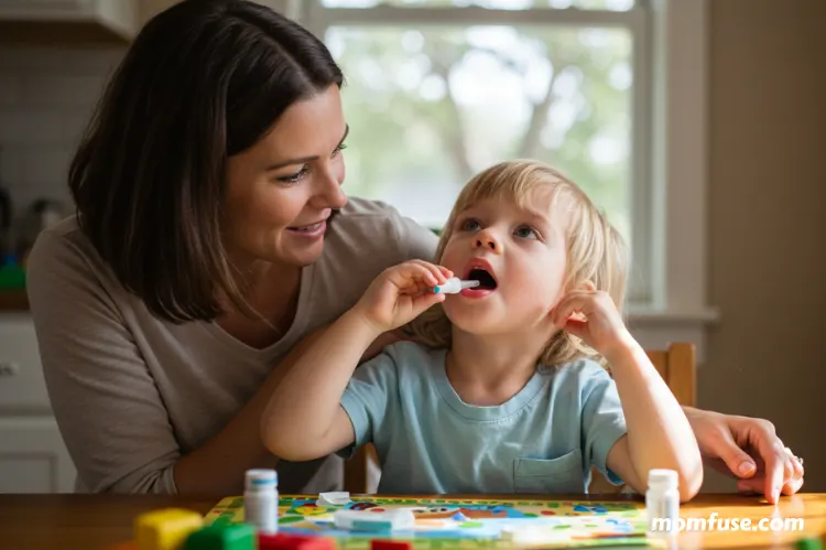 Child at home taking sublingual allergy drops under the tongue parent supervising.