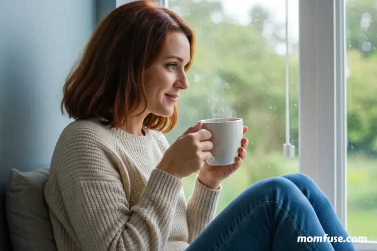 A busy yet peaceful mom sitting by a window with tea, smiling softly.