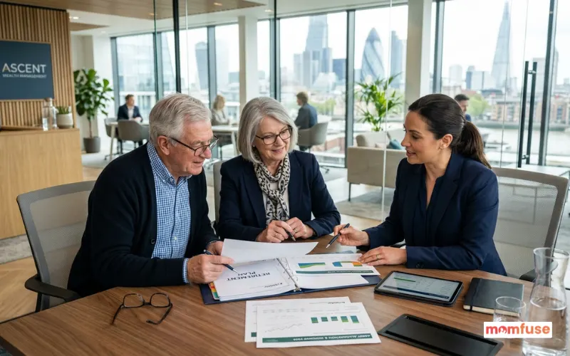 Senior couple reviewing retirement investment documents with financial planner.